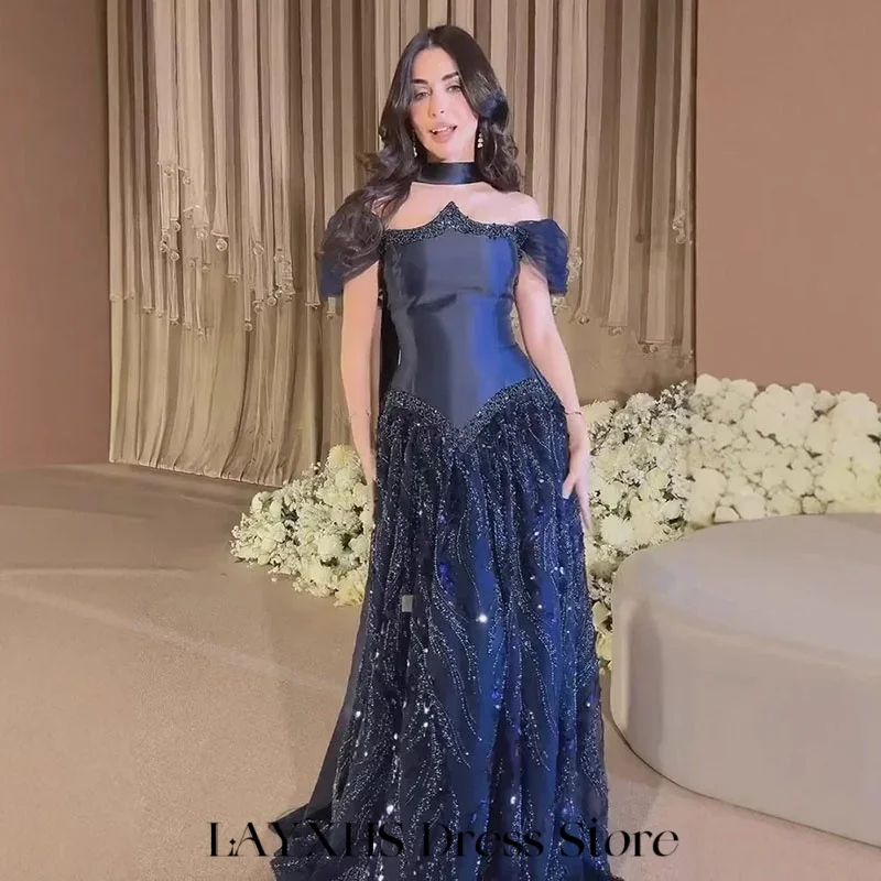 فساتين سهرة عصرية باللون الأزرق الداكن من LAYXHS مكشوفة الكتف على شكل حرف a مزينة بالخرز فساتين حفلات رسمية مخصصة من Fساتين سهلة