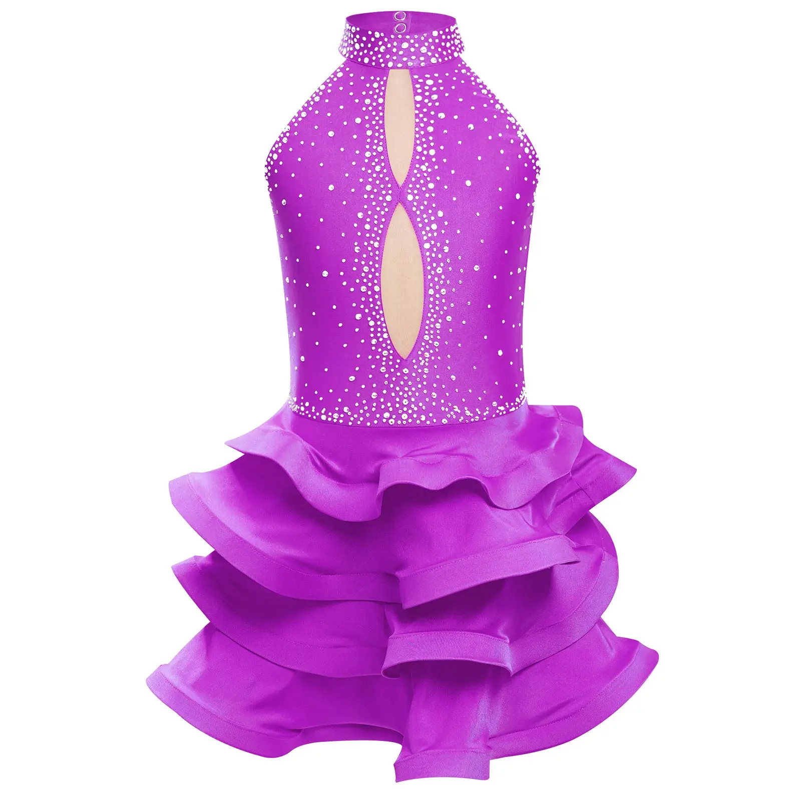 

Kids Girls Latin Dance Dress Sleeveless Straps Backless Shiny Rhinestones Built-in Briefs Tiered Dress Dance Competition Clothes