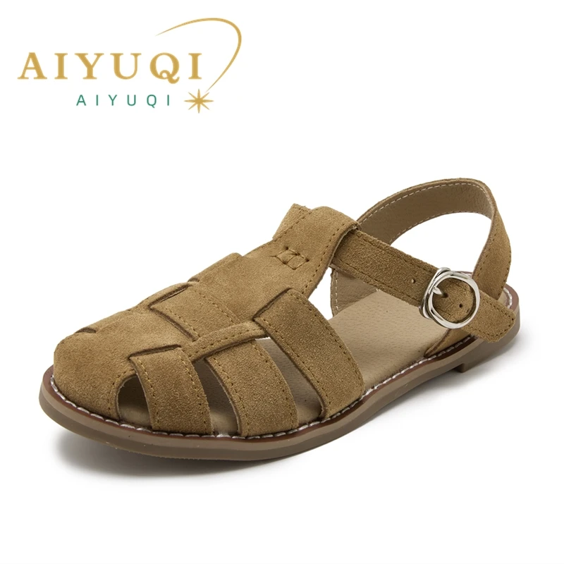 AIYUQI Flat-soled Retro Genuine Leather Hollow Baotou Sandals Women\'s 2024 New Hollow Pig Cage Women\'s Sandals