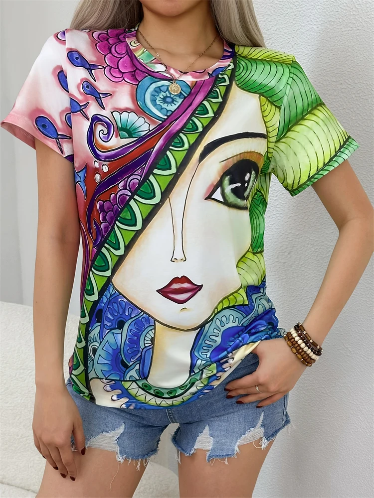 

New Women's T Shirt Summer Short Sleeve Abstract Face Printed Round Neck Blouse Big Size Women's T Shirt Loose Short Sleeve