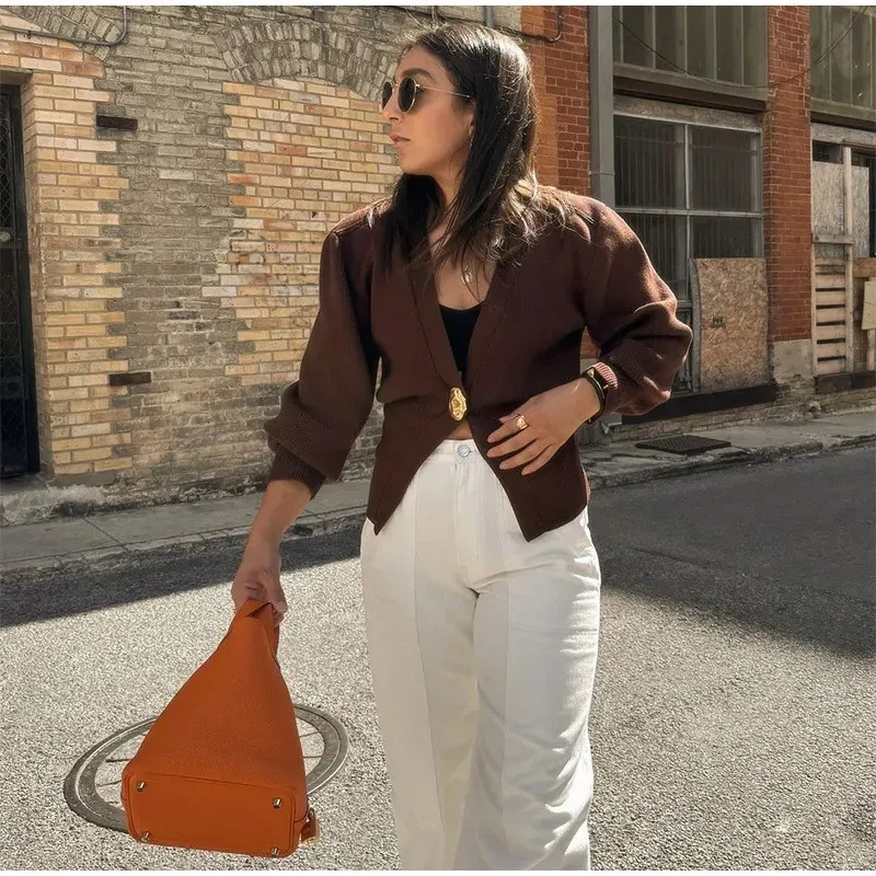 Damskie eleganckie kardigany płaszcze seksowny dekolt w serek pojedynczy guzik długi rękaw sweter dziergany damskie jednolite kardigany modne jesienne swetry