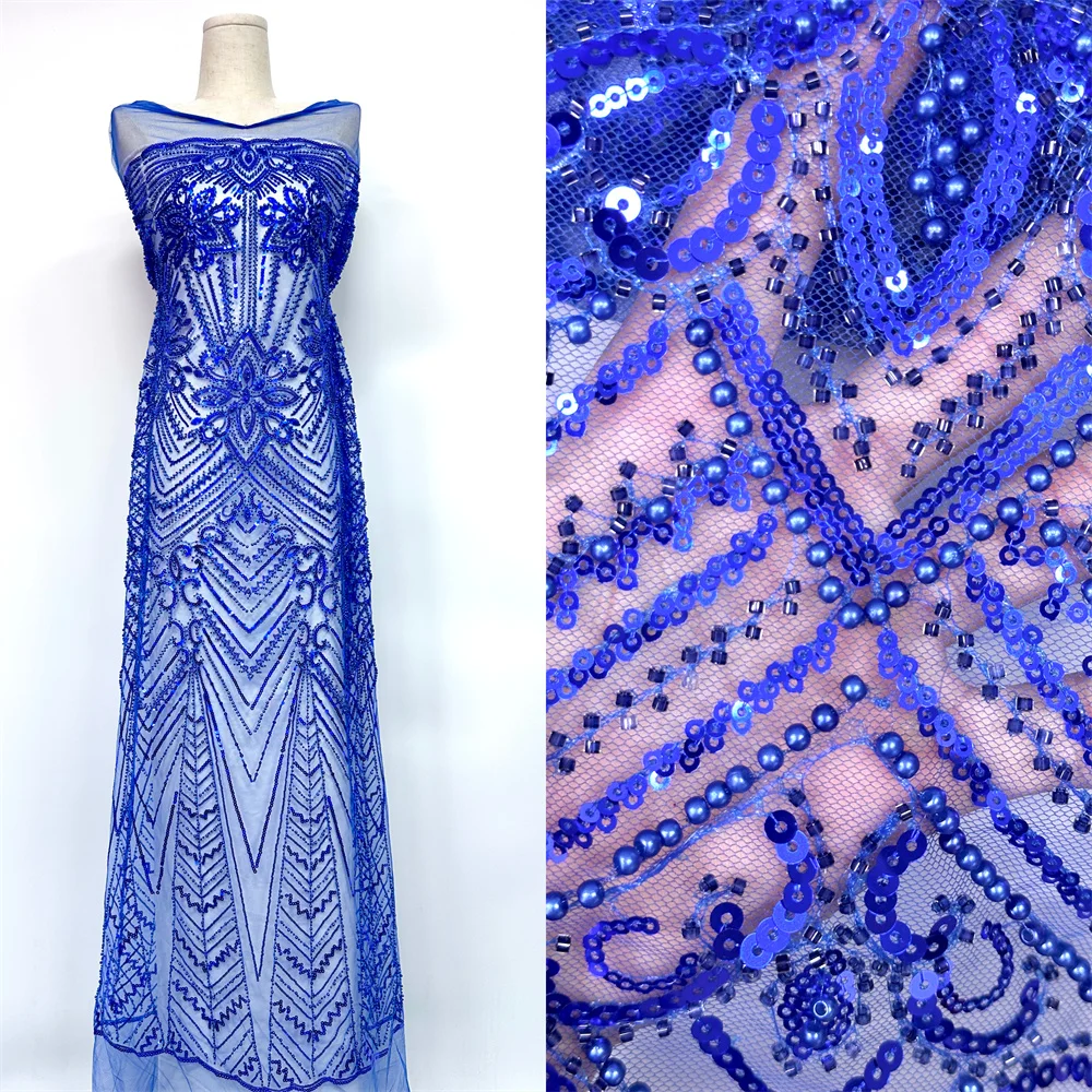 

Королевский синий нигерийский сетчатый бисер, кружевная ткань 2026, высокое качество, 5 ярдов, блестки, материал африканского свадебного платья для шитья женщин