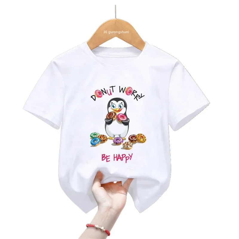 Cute Kids Clothes Don'T Worry Be Happy Penguin/Hedgehog/ Pig Love Donuts Graphic Print T Shirt Girls Kawaii Kids Clothes Tops