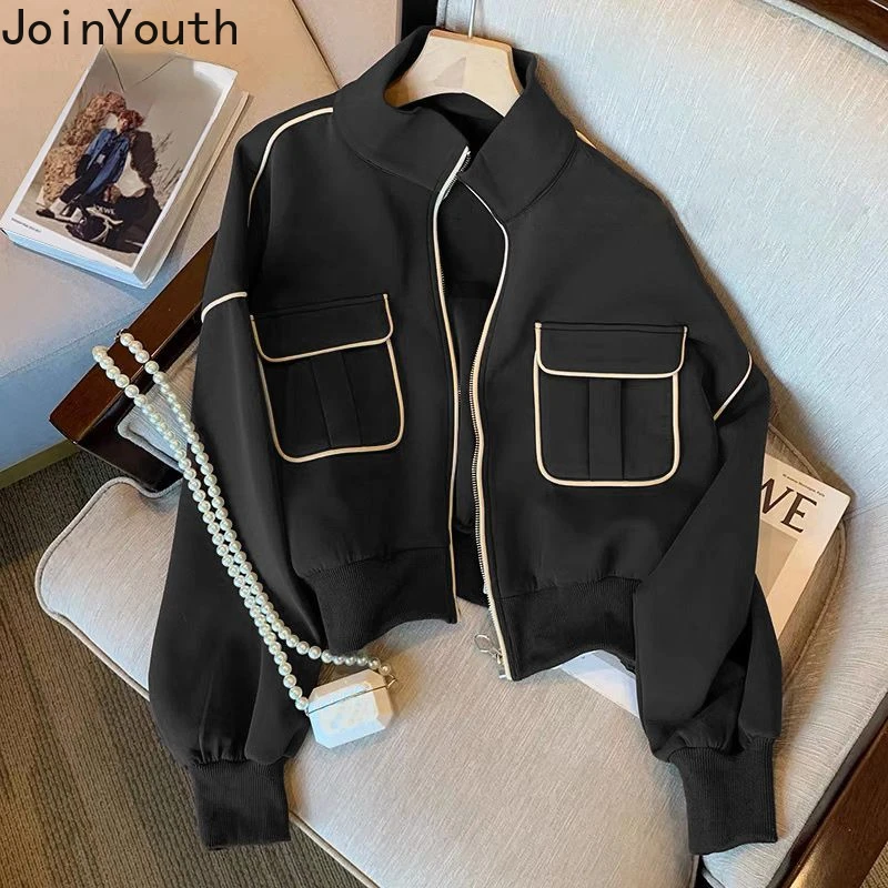 Streetwear Casual Jackets for Women 2024 Ropa Mujer Stand Neck Zipper Thicked Outwear Solid Color Casual Fashion Coats Y2k Tops