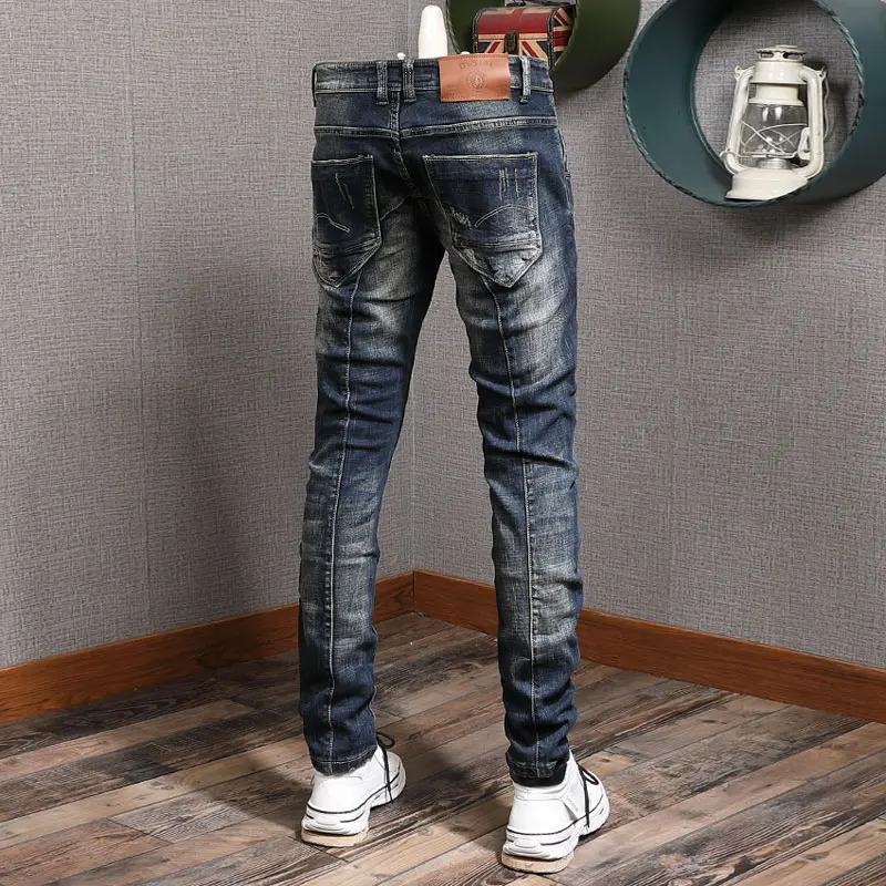 Fashion Designer Men Jeans Retro Black Blue Stretch Slim Fit Spliced Ripped Jeans Men High Quality Vintage Denim Pants Hombre