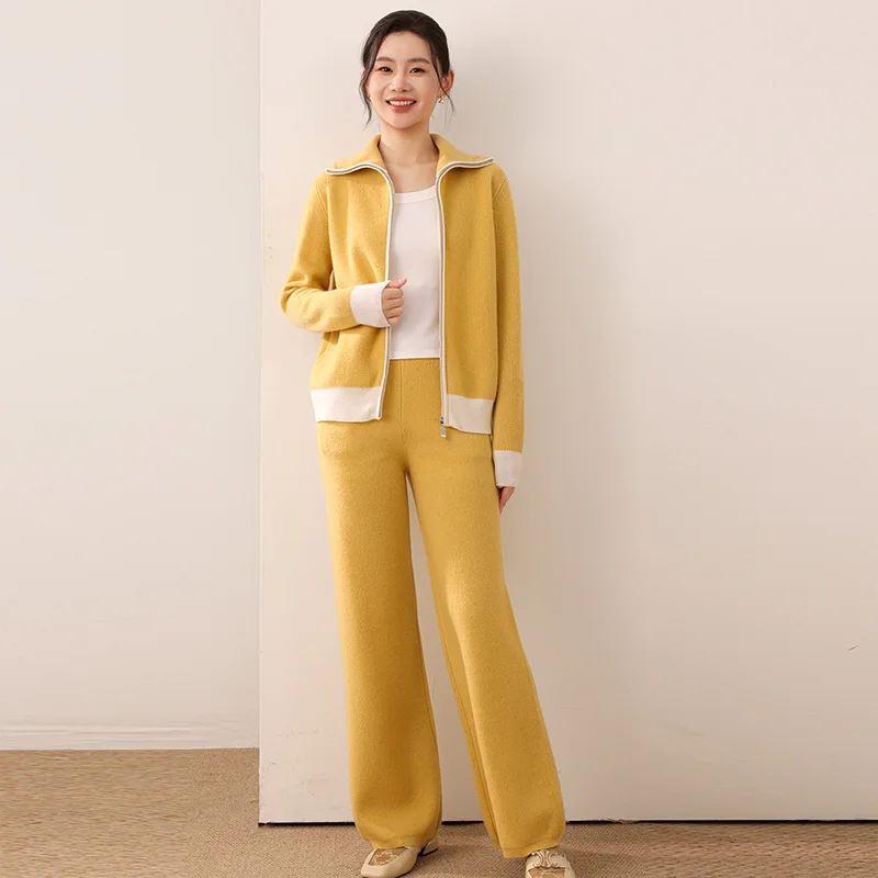 

2025 Autumn Women Casual Blazer Cardigan Sweater Pants Set Long Sleeve Zipper Blazer + Wide Leg Trousers Lady Office Outfit Suit