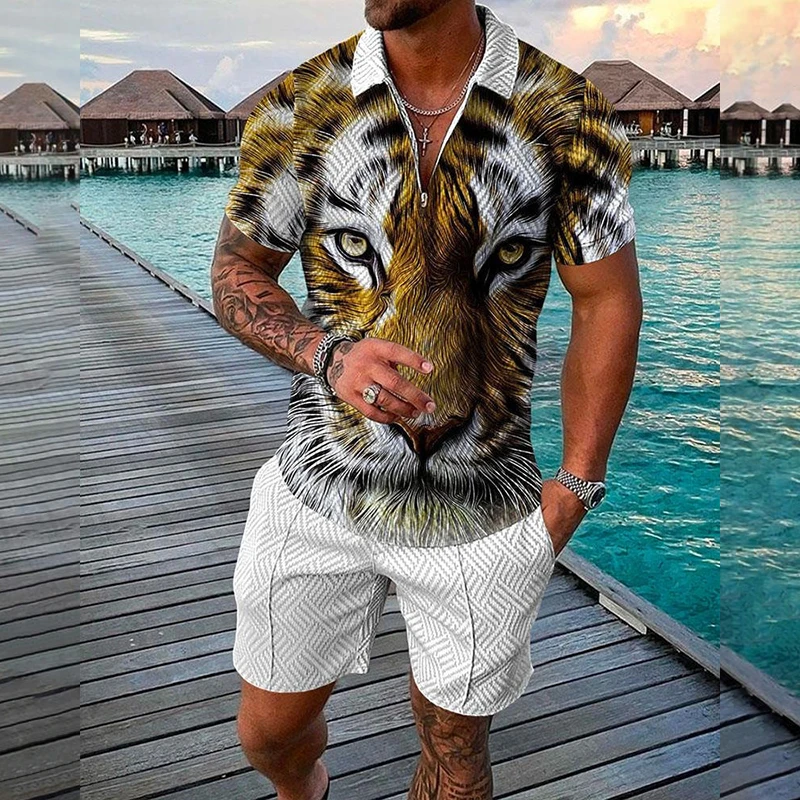 Summer Tiger Stripes 3D Print Men\'s Zipper Collar Tracksuit Trend Polo Shirt Fashion Shorts 2pcs Sets Men\'s Streetwear Set