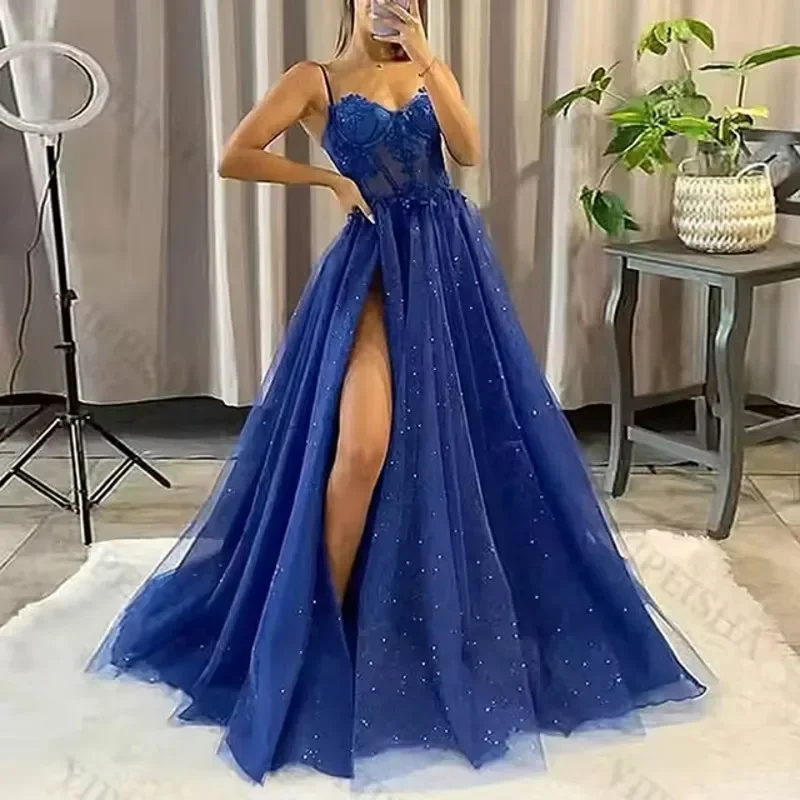 

Shiny Tulle Evening Dresses Sexy V-Neck Strap Lace Applique Party Dress A-line High Side Slit Formal Prom Gowns