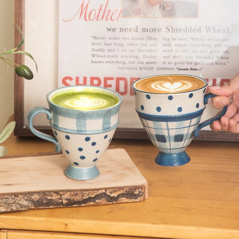 Korean Polka Dot Hand Painted High Foot Ceramic Mug for Breakfast Coffee Use Home Tea Water Milk Juice Drink Cup Bowl Sip