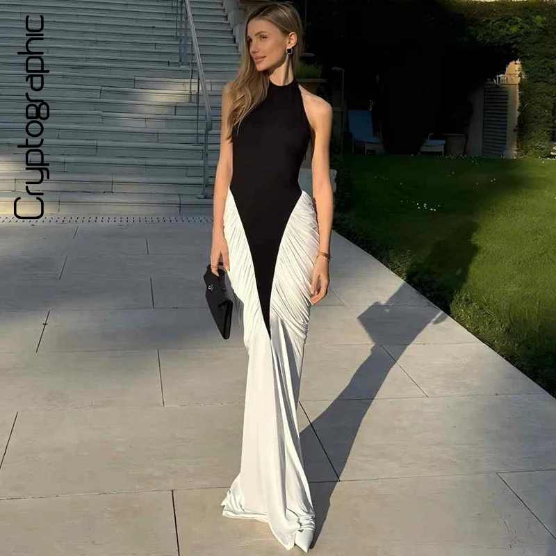 

Cryptographic Sexy Backless Draped Maxi Dresses Summer Knitted Halter Dress Sleeveless Paneled Elegant Ruched Sun Cloth Vestido