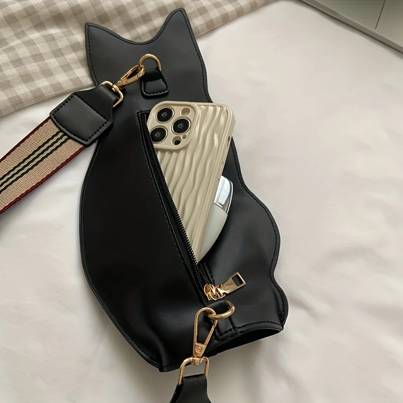 Outdoor-Reise Schwarze Katzenförmige Brusttasche Niedliche Cartoon-Anime-Umhängetasche Kunstleder Crossbody-Tasche – Detail 7