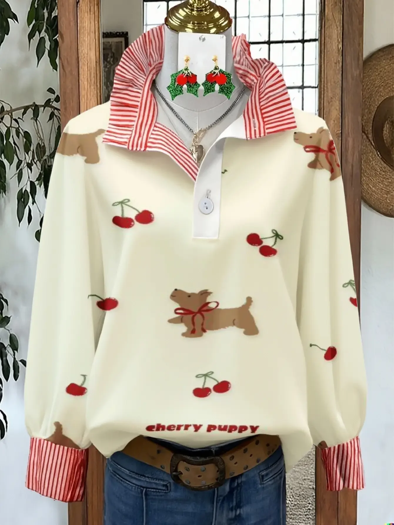 Women's striped casual fashion shirt with multi-color striped collar , Elegant necktie ruffles and foam sleeves