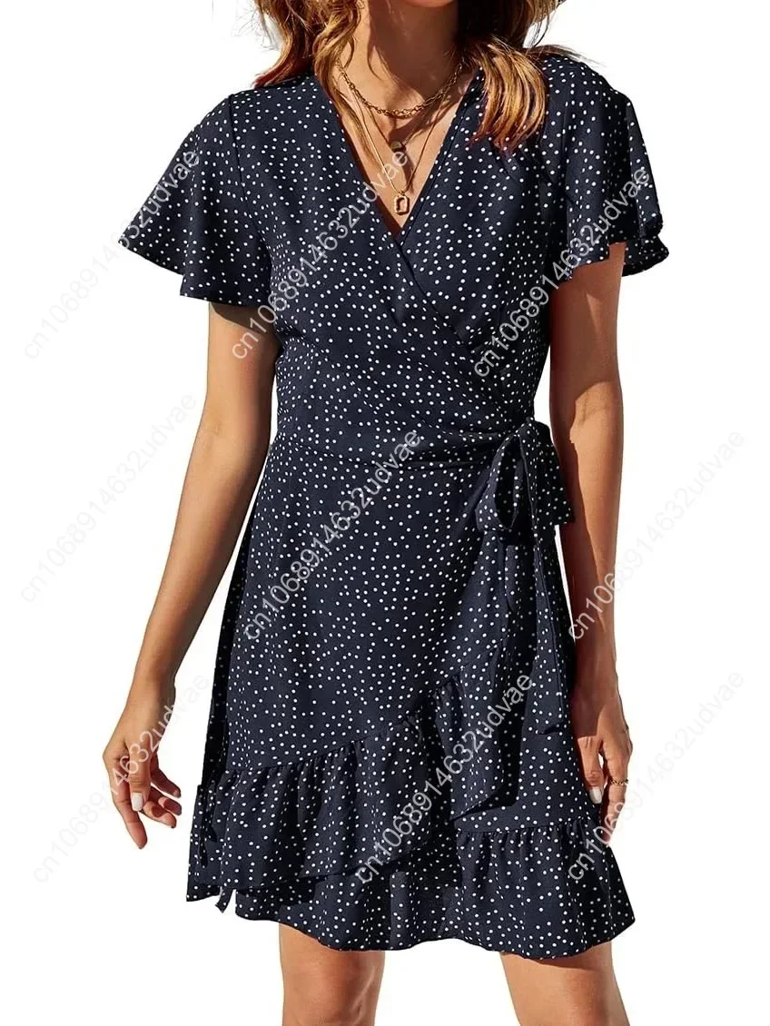 

Summer Wrap V Neck Women's Polka Dot Print Ruffle Short Sleeve Mini Floral Dress with Belt