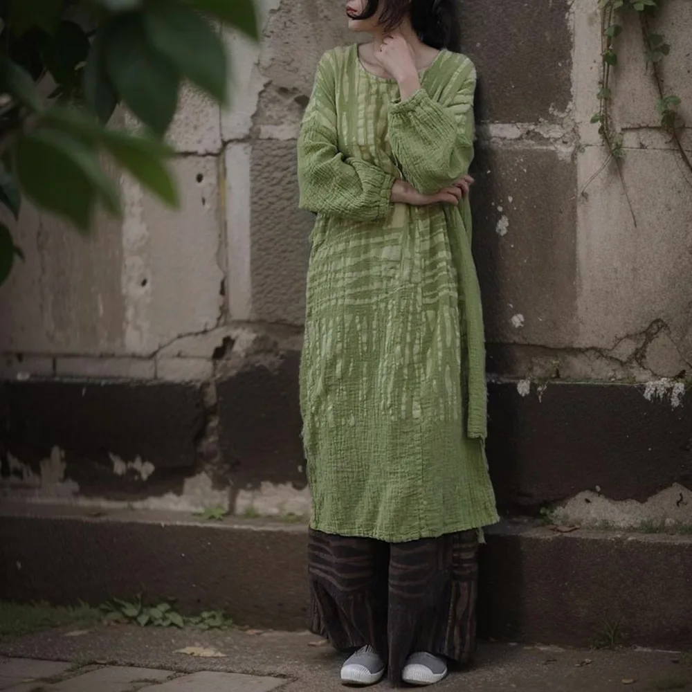 Womens Lightweight Boho Ramie Texture Dresses Sen Series Rubbing stripes Beach Vacation Loose Casual Midi Dress Spring Summer