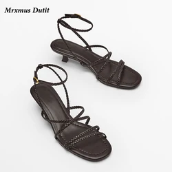 Mrxmus Dutit 2023 New Spring Summer Fashion Multi-lace Braid Leather Sandals Midi Heels Shoes Women Simple Elegant Casual Female