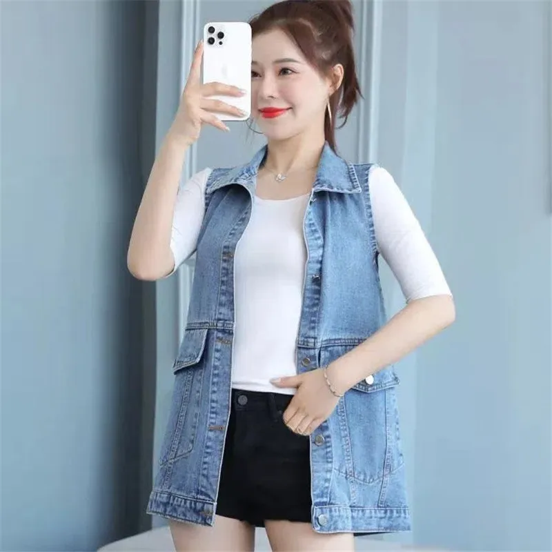Single breasted Women\'s Denim Vest Jacket 2025 Spring New Korean Loose Sleeveless Jeans Outwear Casual Female Waistcoats Tops