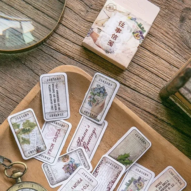 45Pcs Mini BOX Sticker Past Series Retro Letters Scrapbook Cartoon material DIY sticky 4CM