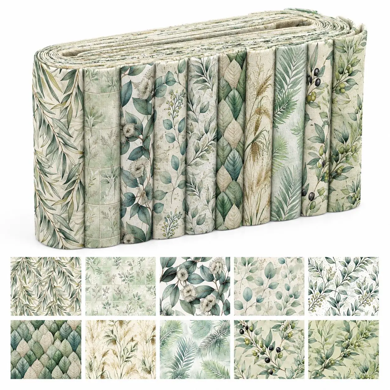 10pcs Green Floral Pattern Jelly Roll Fabric Strips 2.5X19.7inch Pre-Cut Polyester For Patchwork Quilts Table Runners Placemats