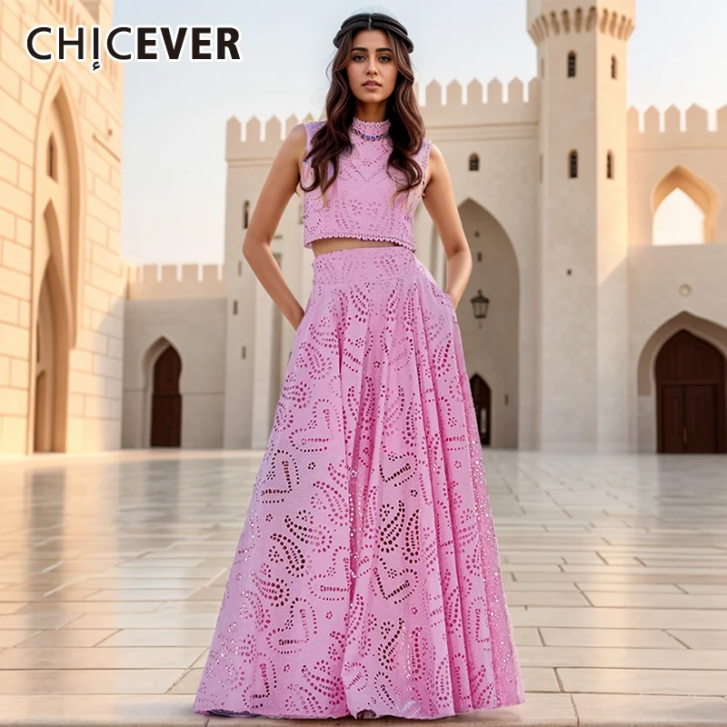 CHICEVER Embroidery Women\'s 2 Piece Set O Neck Sleeveless Short Top Spliced Button High Waist Hollow Out Skirt Sets Female New