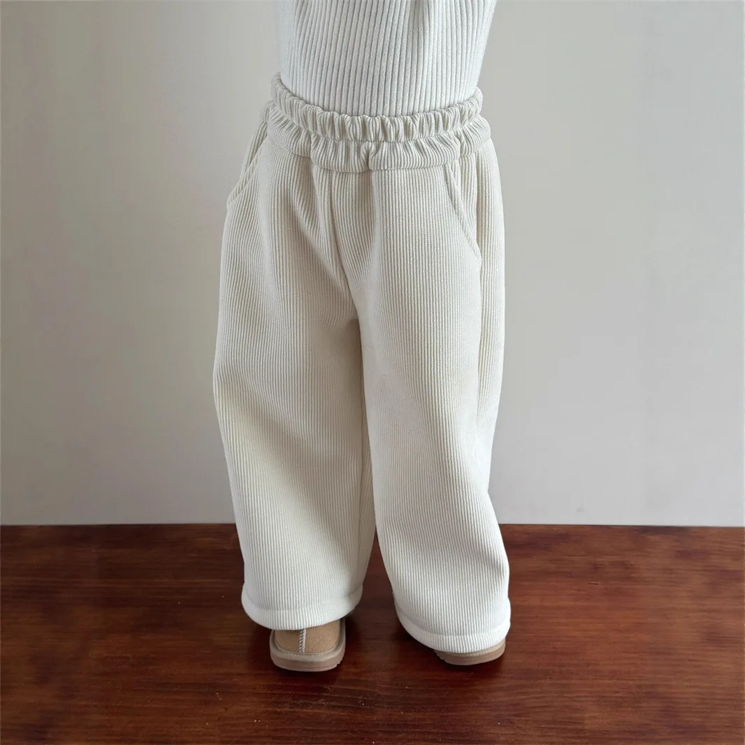 

Childrens Fleece-Lined Pants New Winter Fashion Versatile and Stylish White Corduroy Straight-Leg Thick Long Pants
