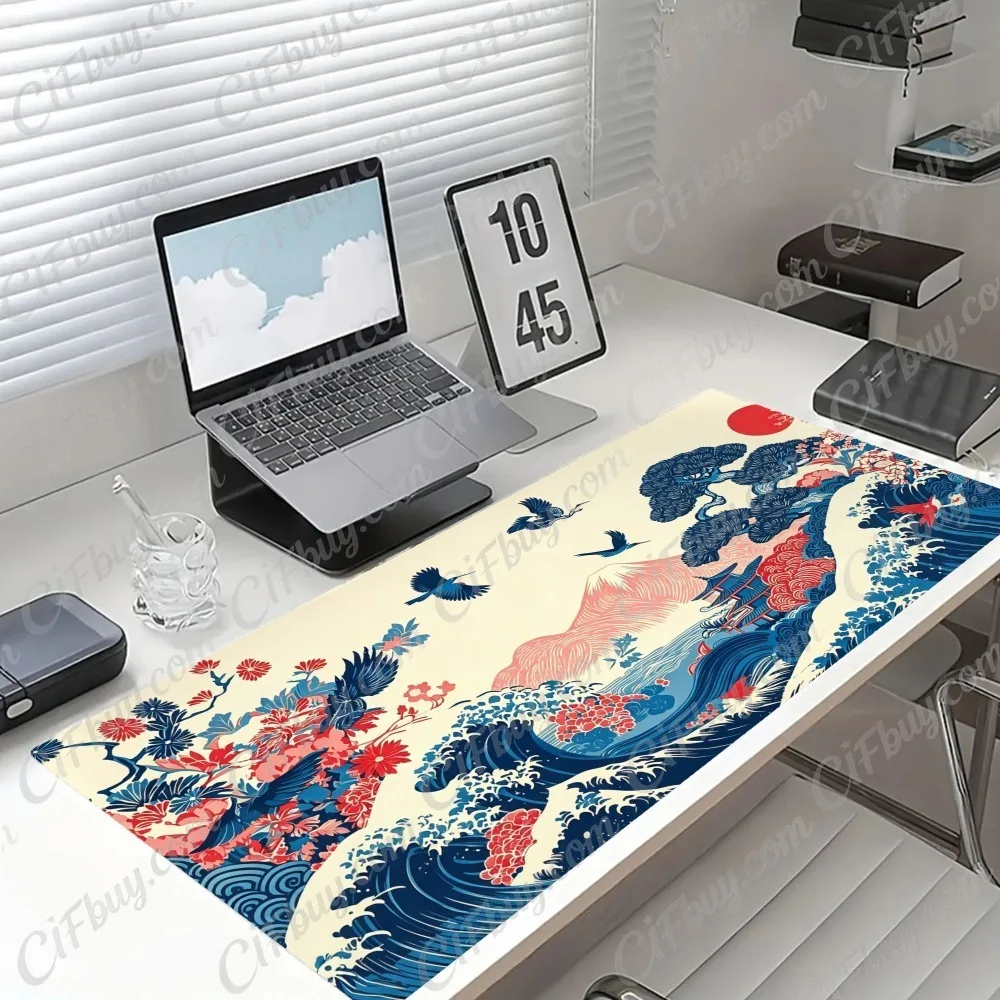 CIFbuy Large Japanese Wave Anime Style Gaming Mouse Pad Non Slip Rubber Base Durable Polyester Extended Desk Mat For PC Use Gift