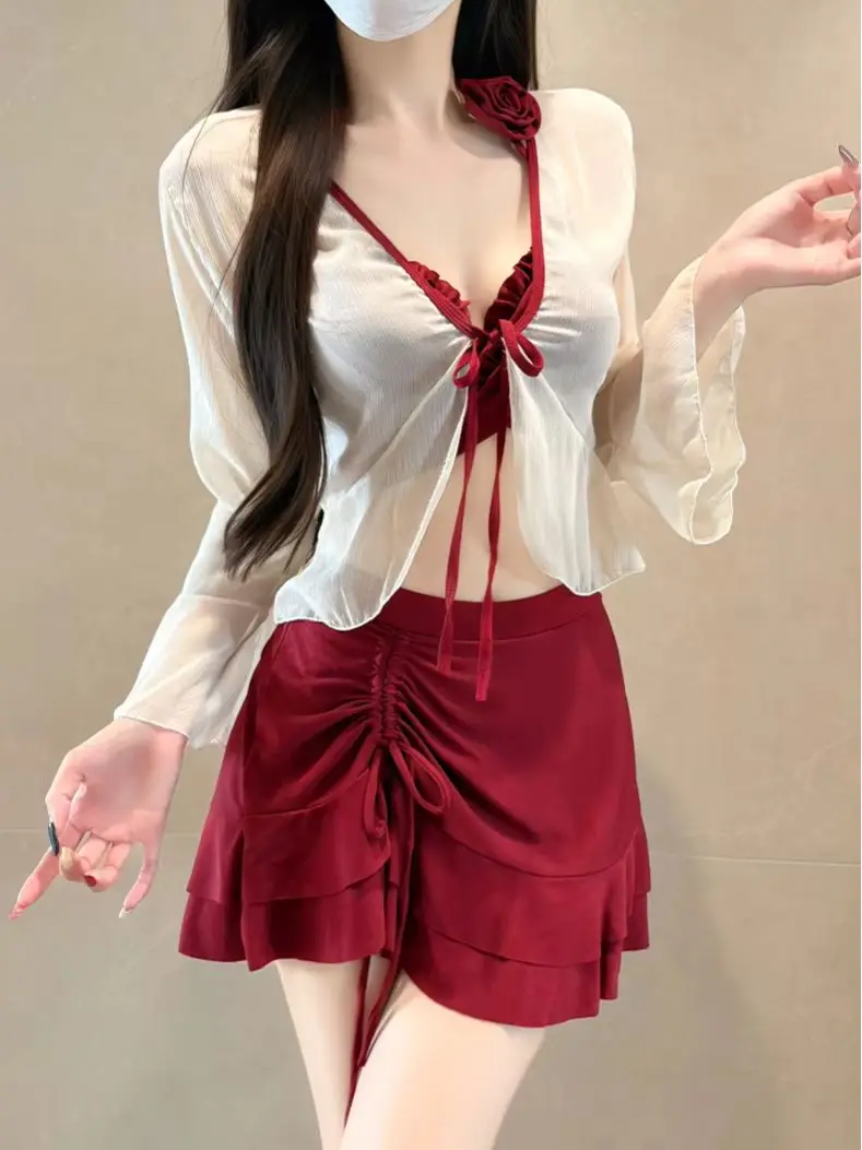 Women's Two-Piece Bikini Retro Long-Sleeve UV-Protective Beach Spa Swimwear Stretchy Cute Soft Sexy·