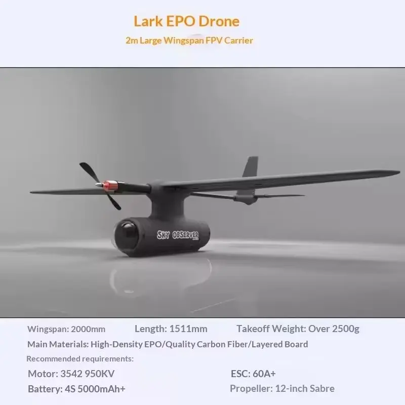 Sky Observer Carrier Drone Vertical Takeoff And Landing 2000mm Wingspan High Density Epo Carbon Fiber Fixed Wing