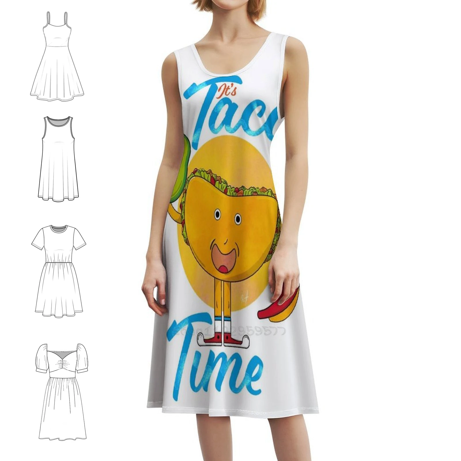 

Винтажное богемное платье Taco Time с пышными рукавами или без рукавов, варианты для женщин, платье Tacos Taco, любимое платье с едой для погоды