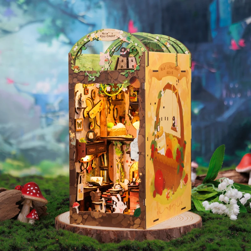 CUTEBEE DIY Book Nook Kit  Wooden 3D Dollhouse Bookshelf Insert with Dust Cover Collectible Model Gift for Animal Lover