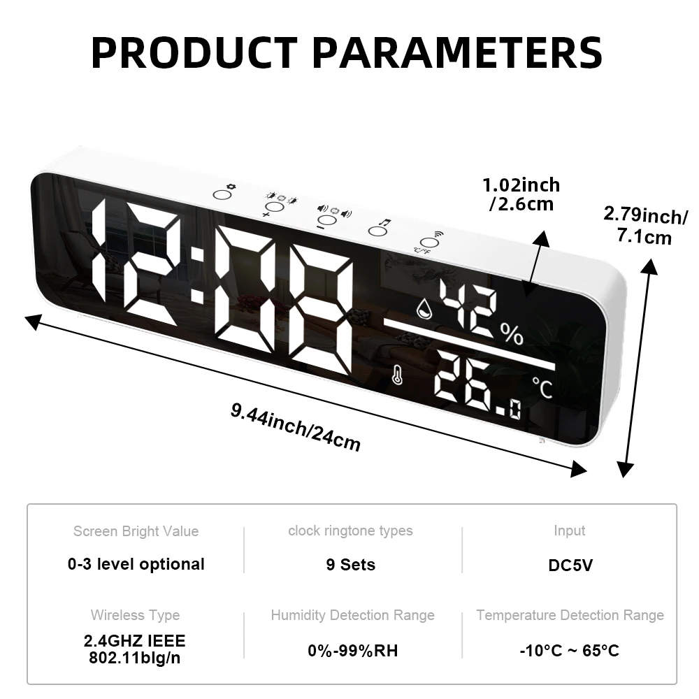 Tuya WiFi LED Wecker Unterstützung Temperatur Feuchtigkeit Sensor Zeit Display USB Desktop Spiegel Uhren für Wohnzimmer Dekoration – Detail 14