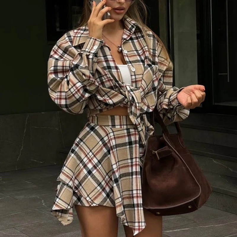 Spring Loose Plaid Two-piece Set Women Elegant Long Sleeve Shirt+High Waist Pleated Irregular Mini Skirt Female Autumn Outfits