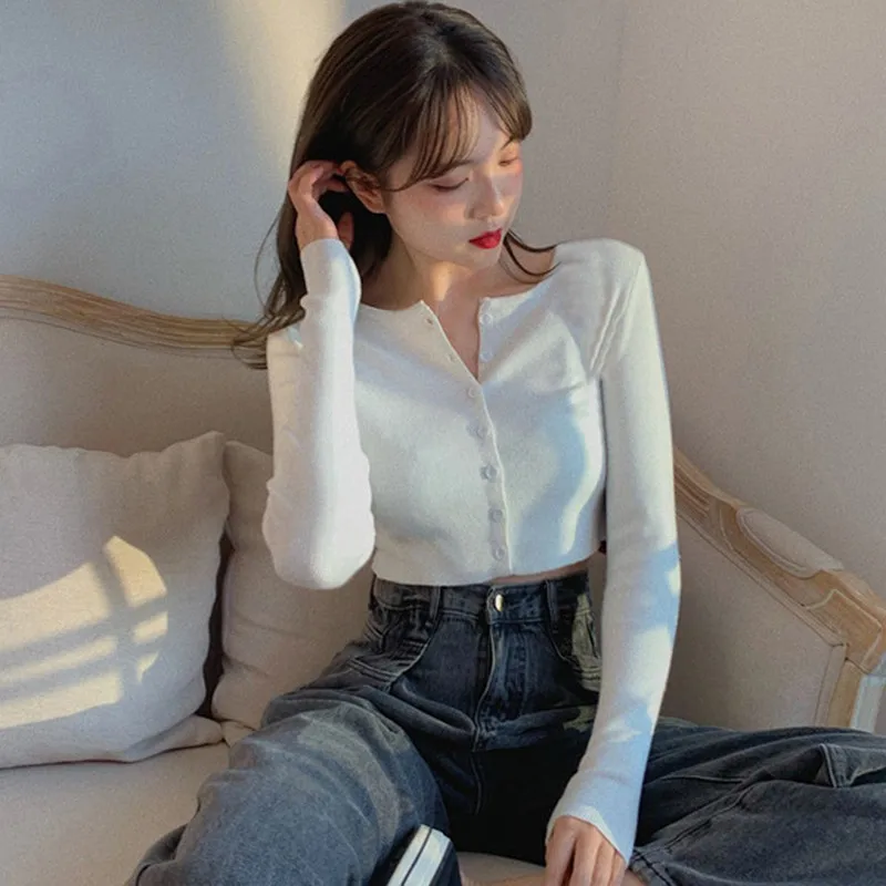 Autumn Long Sleeve Casual T shirt Thin Women\'s Knitted Cardigan Cropped CardigansSexy Solid Color Women T-shirt Crop Trendy