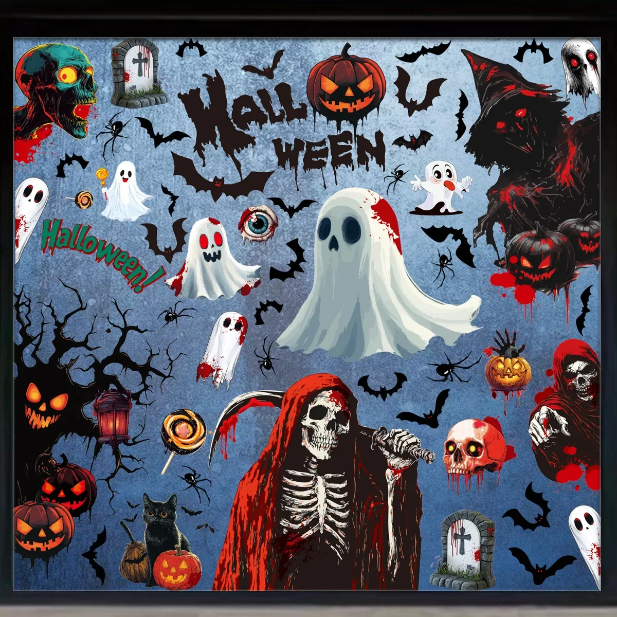 Halloween Horror Theme Window Sticker Reaper Ghost Bat Pumpkin Skull Self Adhesive Decal for Glass Door Wall Decor