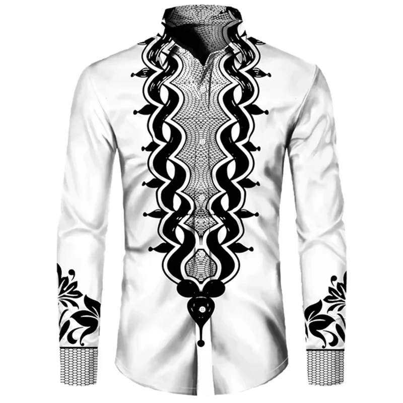 Colorful African Pattern Hawaiian Shirts For Men Retro Ethnic 3D Printed Blouse Casual Loose Aloha Shirts Long Sleeves Tops