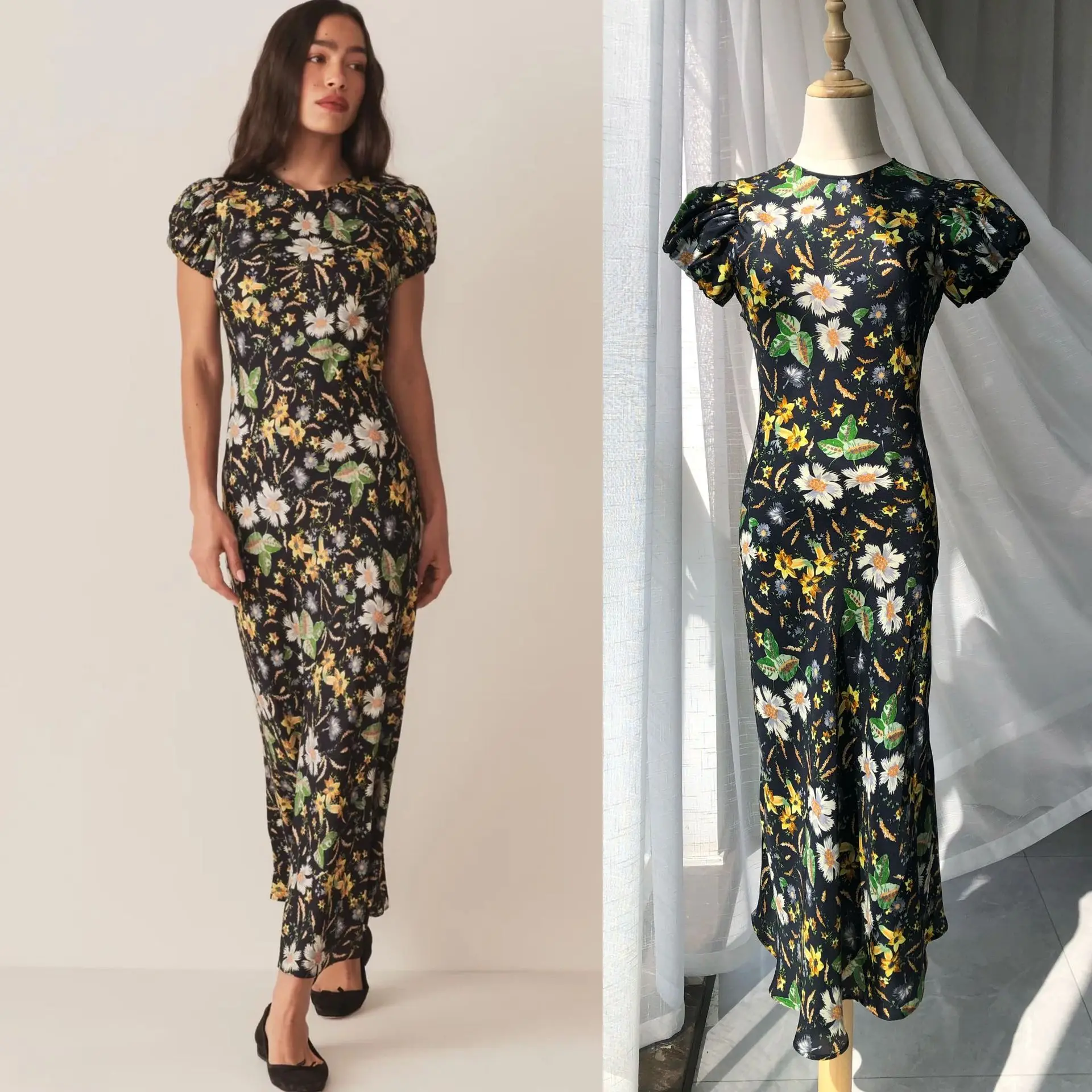 American Retro · Literário e Frio Fundo Preto Floral Oblíquo Manga Bolha Vestido Francês de Manga Curta