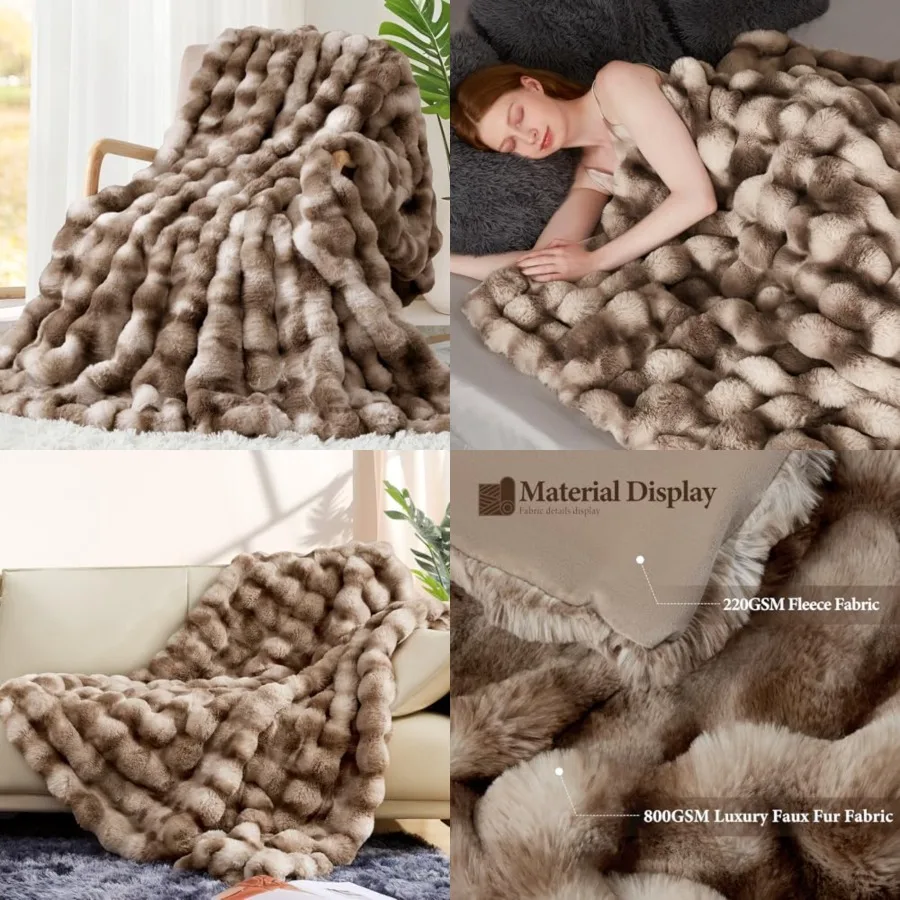 

Luxury 1000GSM Faux Rabbit Fur Throw Blanket, Super Heavy Warm Cozy Brown Blankets for Couch Bed Sofa, Ruched Plush Fuzzy Elega