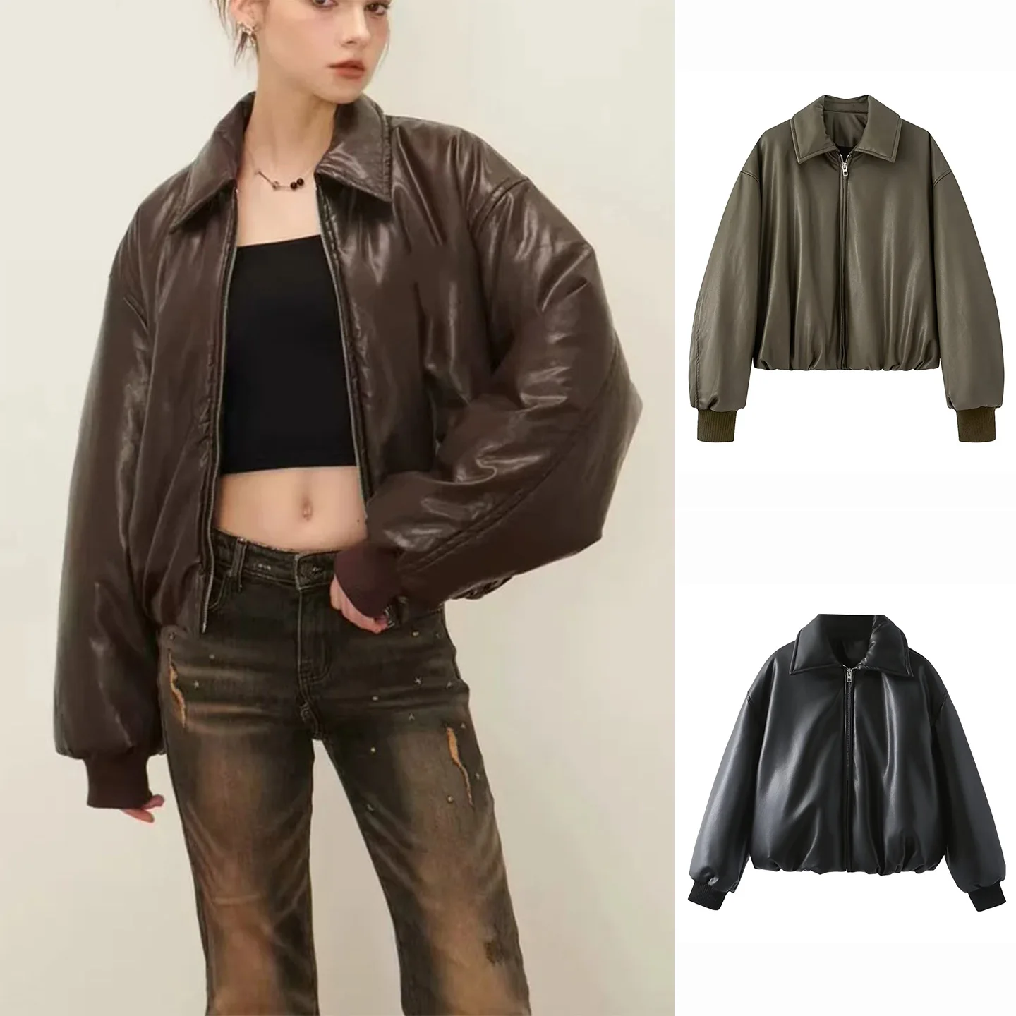 เสื้อแจ็คเก็ตนักบินหนัง PU แขนยาว คอซิป ทรงหลวม สไตล์มอเตอร์ไซค์ สำหรับผู้หญิง รุ่นใหม่ ฤดูใบไม้ร่วง ผลิตจากเส้นใยโพลีเอสเตอร์