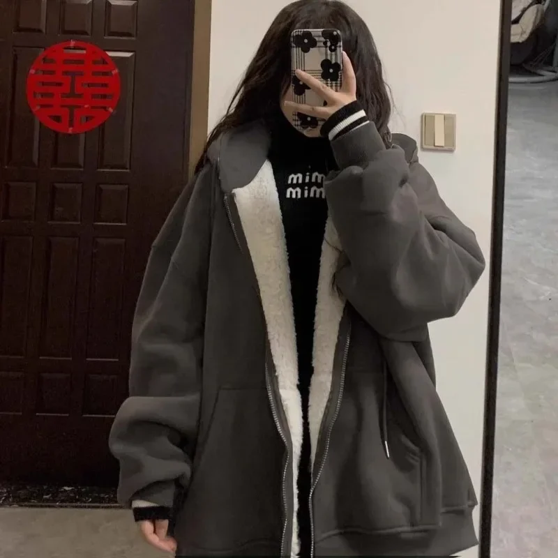 Korean Casual Zip Up Oversized Hoodies For Women Winter Harajuku Warm Fleece Thicken Hooded Sweatshirt Streetwear Y2k Tops