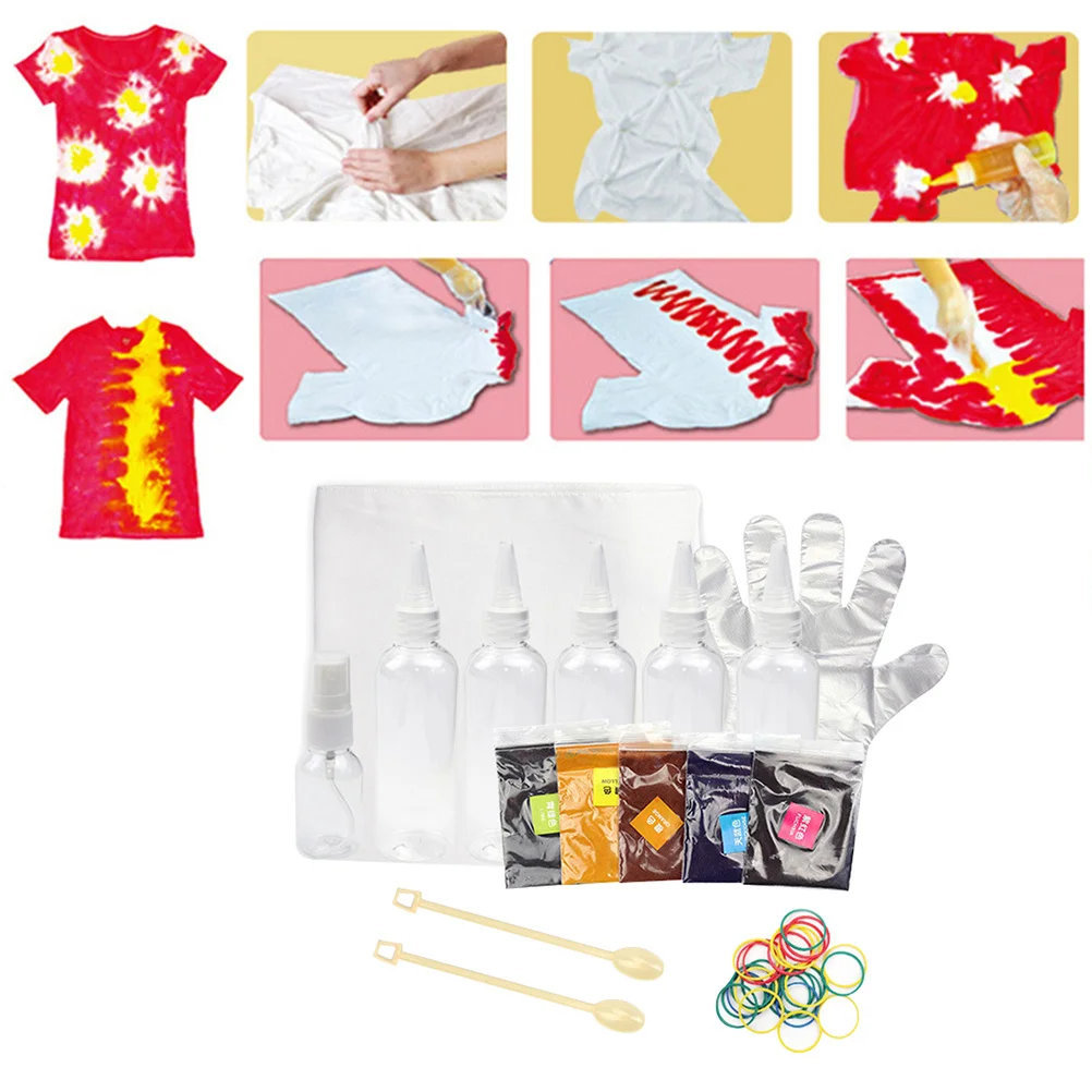 

1 комплект, набор инструментов для крашения галстука, 5 цветов, бутылка для хранения пигментов, эластичное кольцо для одежды «сделай сам», аксессуары для краски, домашнее художественное ремесло