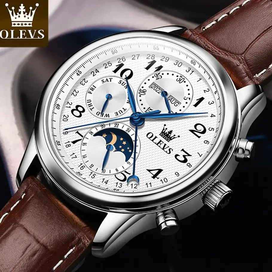 OLEVS 6667 Orologio da uomo Orologio meccanico con cintura da lavoro originale di lusso ﻿   Orologi lunari sportivi con data settimanale luminosa impermeabile per uomo