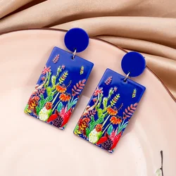 New Cactus Leaf Flower Relievo Print Blue Acrylic Women's Earrings Trend 2026 Vintage Style Aesthetic Elegant Ladies Ear Jewelry