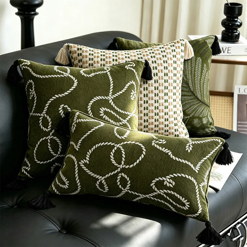 Vintage Luxury Chenille Throw Pillow Cover Olive Green Lumbar Pillowcase with Tassels Modern Farmhouse Decor for Couch Bedroom