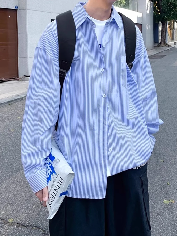

Мужская рубашка с длинным рукавом в сине-белую полоску, повседневная свободная рубашка в стиле ретро, защита от солнца, модная молодежная осенняя одежда