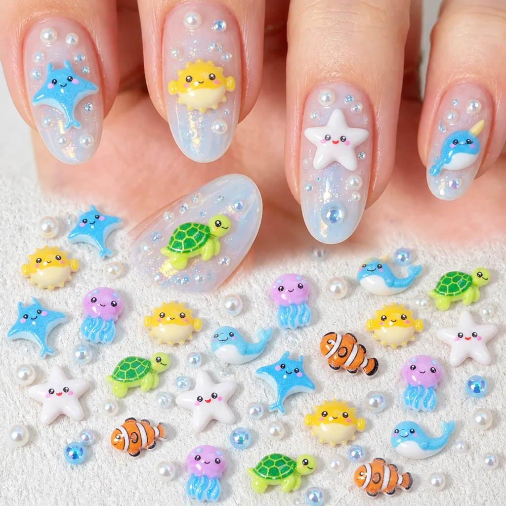 50pcs Seabed Animals Cartoon Nail Decorations Sea Turtle Starfish Clownfish Jellyfish Nail Art Charms Summer Ocean Nail Parts