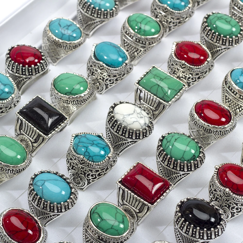 Bulk 20Pcs/Lot Mens Women\'s Vintage Metal Glass Turquoise Stone Rings For Party Gift Wholesale Jewelry