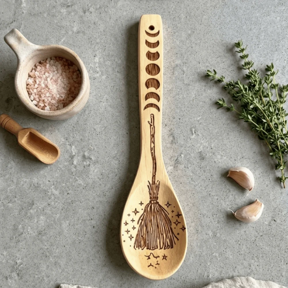 Wooden Halloween Witch Stirring Spoon Broom Witch Cauldron Design Laser Engraved Halloween Witchy Decorative Spoon Eco-Friendly