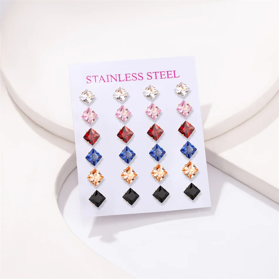 12 Pairs Lot Stainless Steel Stud Earrings White Black Pink Red Blue Square Cubic Zirconia Earrings Golden Jewelry Set for Women