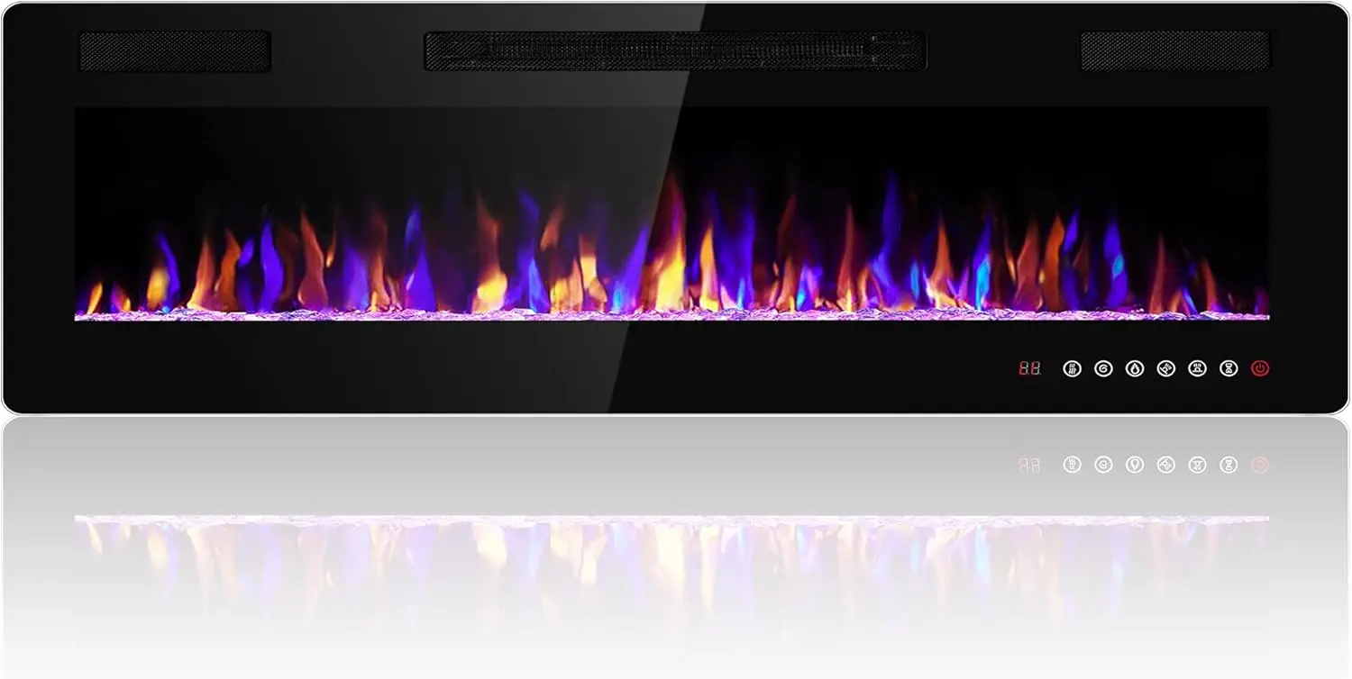 Electric Fireplace Recessed and Wall Mounted, Fireplace Heater , with Remote Control, Adjustable Flame Color, Black