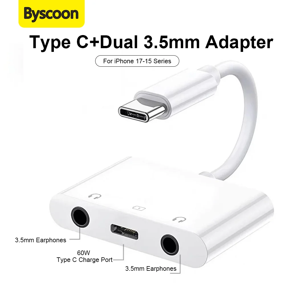 

Аудиоадаптер USB-C на два разъема 3,5 мм для наушников для iPhone 17, 16, 15, Xiaomi Redmi, Huawei с быстрой зарядкой Type-C PD 60W