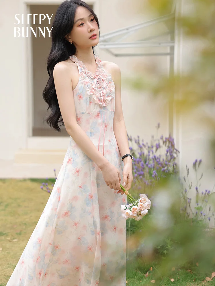 

Summer Halter Neck Floral Chiffon Maxi Dress Women Sleeveless Beach Holiday Long Dress Flowy Slim Fit Boho Vacation Sundress